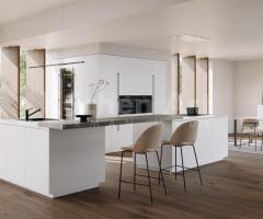 Cuisine Moderne en L Blanc Mat avec Cave à Vin Réfrigérée Encastrée - Design Minimaliste et Élégant