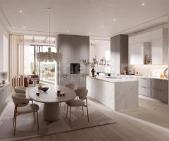 Cuisine avec îlot Céramique Calacatta gris et beige Colonnes encastrable pour espace sophistiqué - 2
